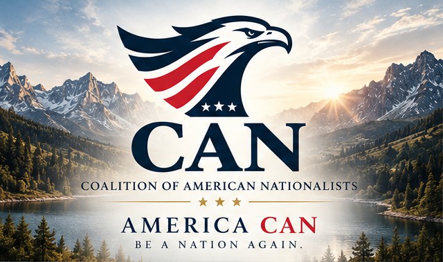 The CAN eagle over a mountain lake at sunrise — America Can, be a nation again.